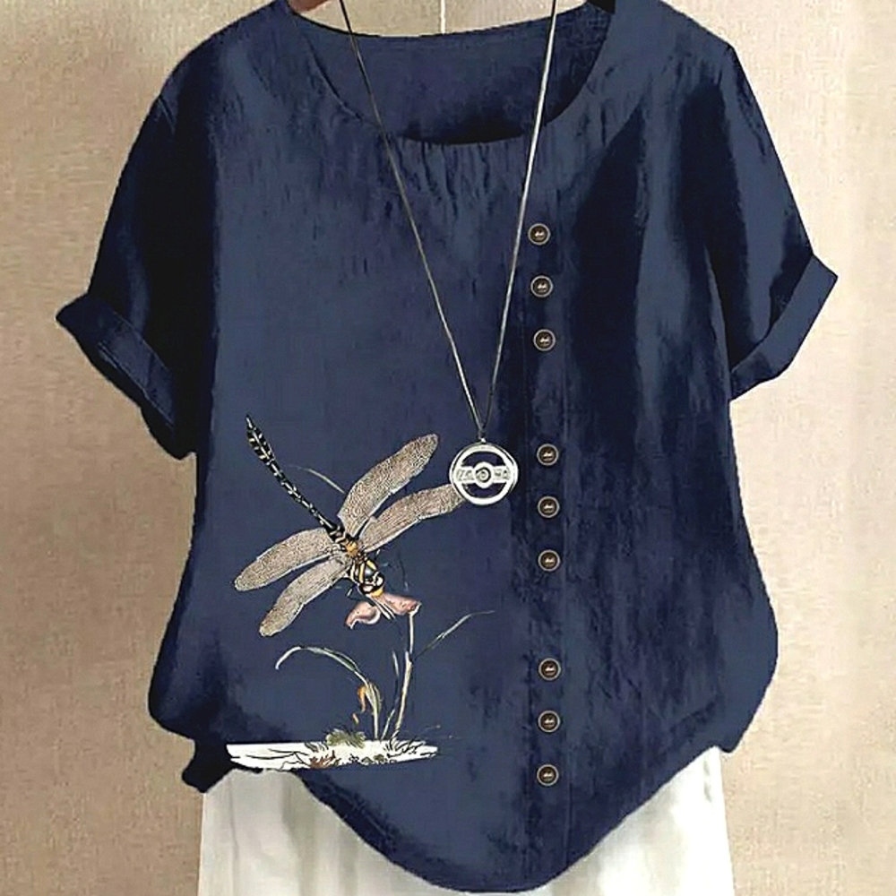 Women's Short Sleeve Navy Top with Dragonfly Design, NWT
